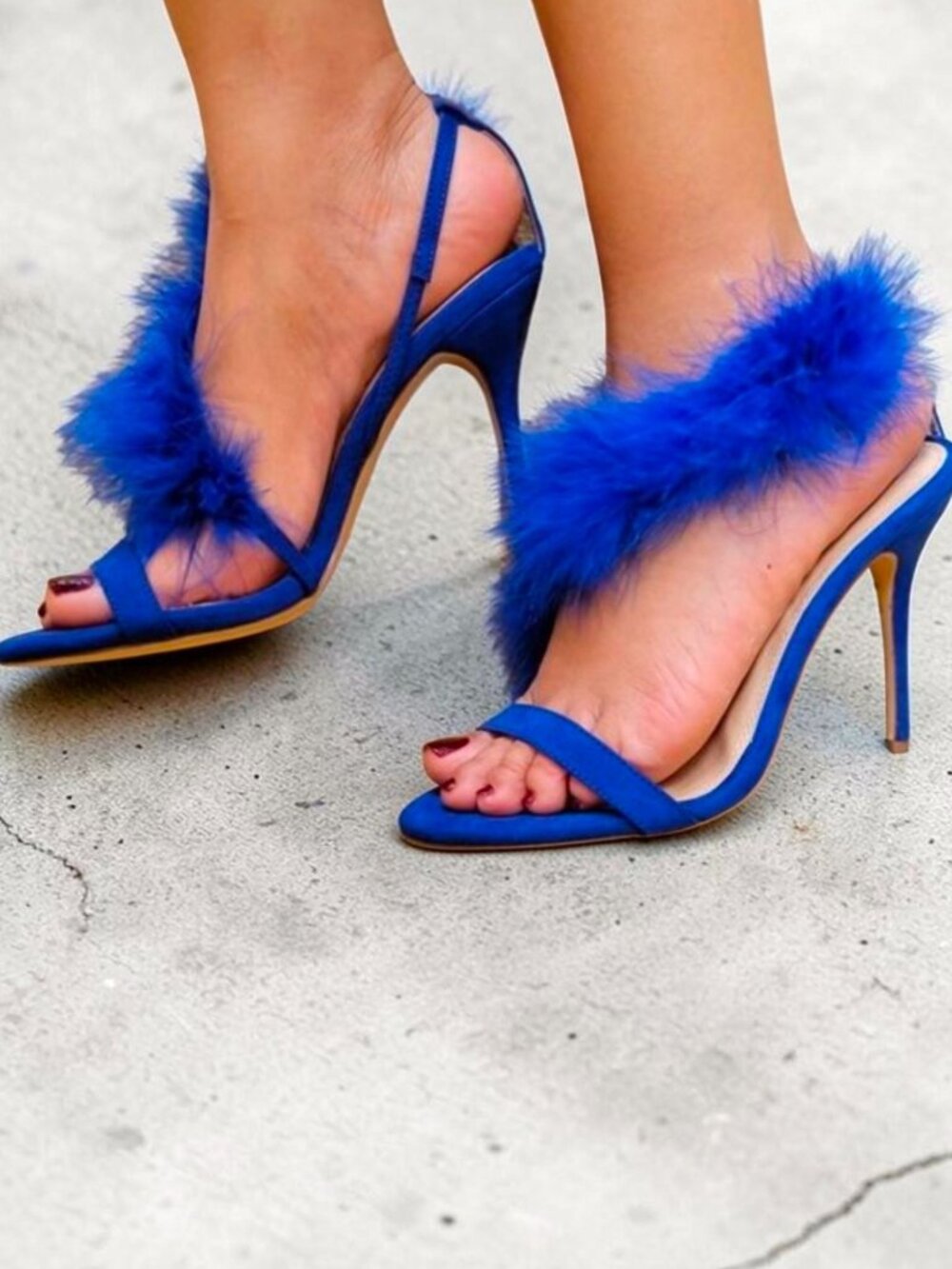 Blue Feathered Open-Toe Stiletto Heels With Side Straps & Faux Suede Finish